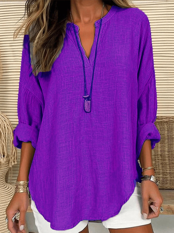 Women's Cotton Long Sleeve Round Neck Solid Color Loose Beach Shirt