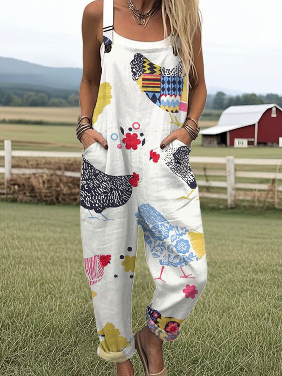 Women's  Vintage  Funny Chicken Art Print Casual Cotton Wide Leg Jumpsuit