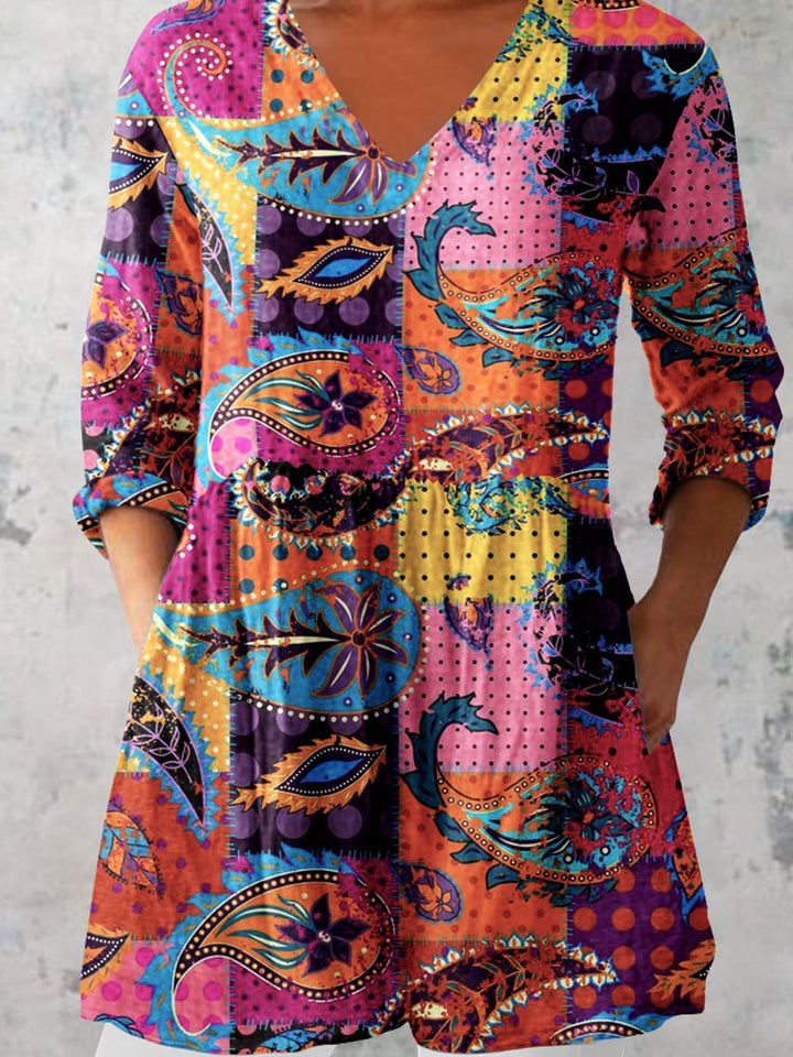 Women's Art Geometric Floral Print V-Neck   Top