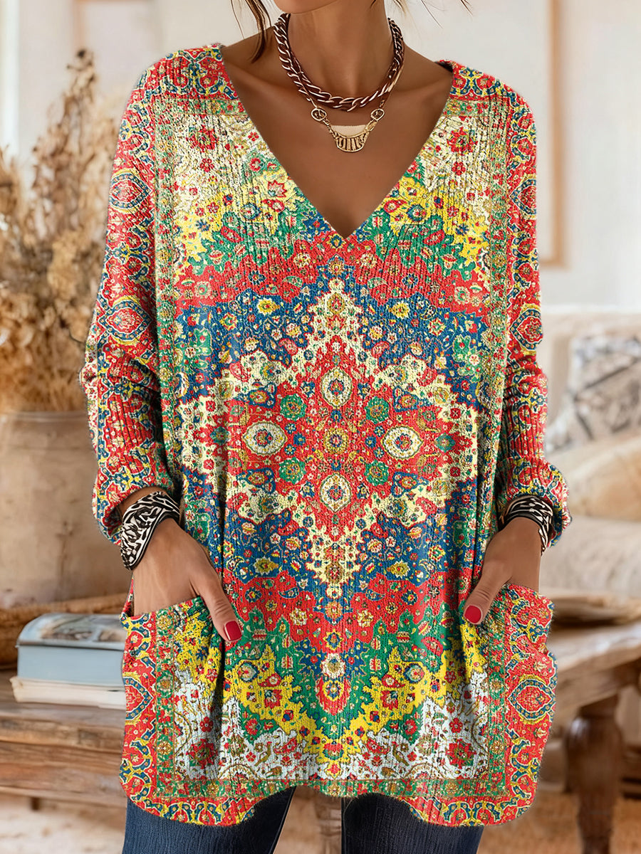 Women's Bohemian Colorful Ethnic Floral Art Print V-Neck Casual Long-Sleeved Sweater