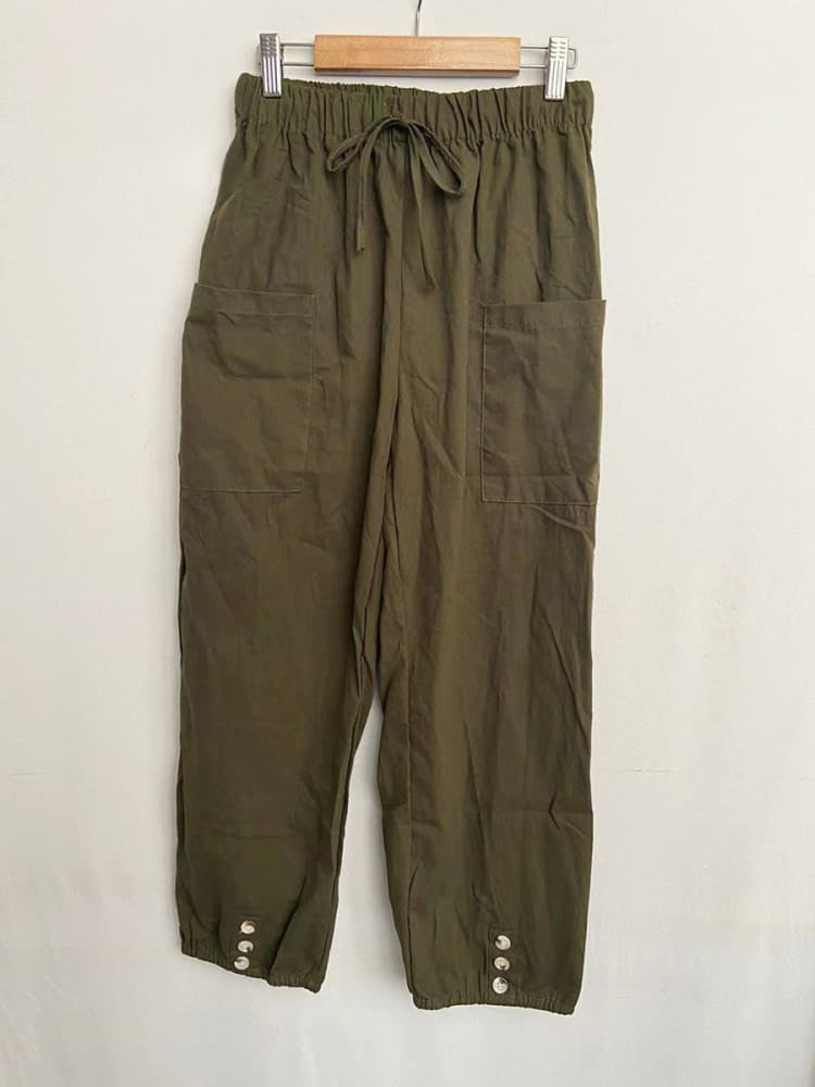 High-waisted Buttoned Cotton and Linen Pants Cropped Pants