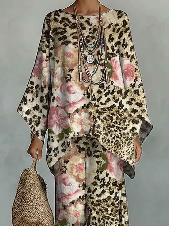 Women's Vintage Leopard Floral Art Comfortable Loose Cotton Linen Wide-leg Pants Two-piece Set