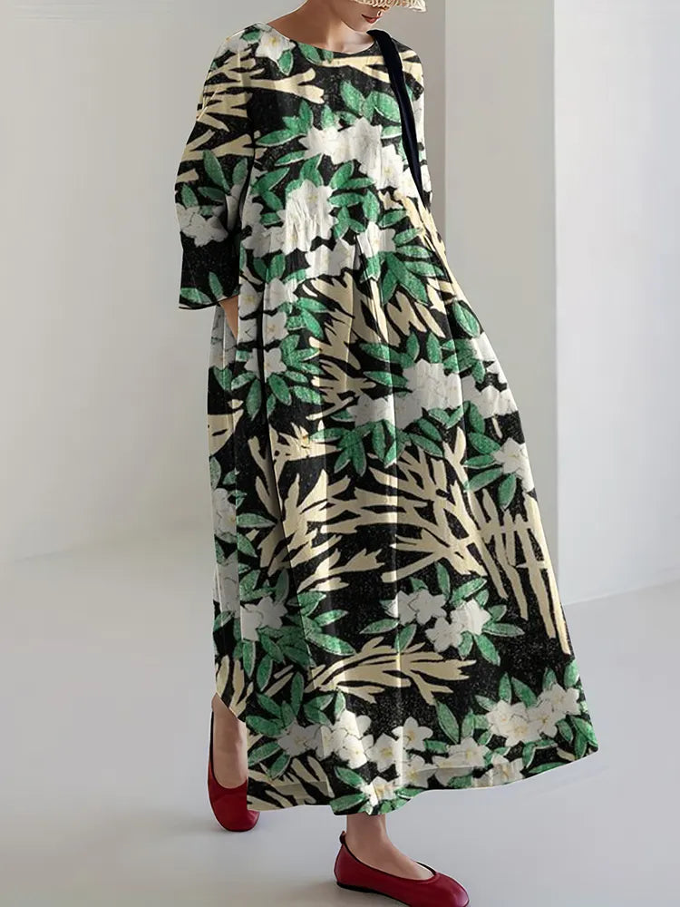 Japanese Art Flower Print Round Neck Loose Midi Dress