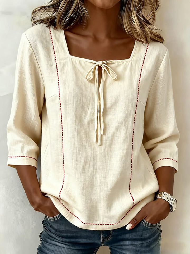 Women's Square-neck 3/4-sleeve Loose-fit Cotton-linen Top
