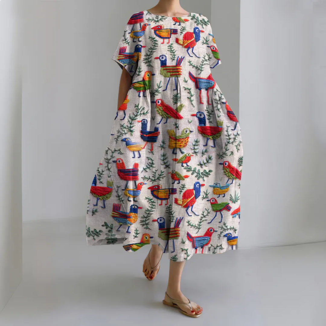 Funny Farm Forest Boho Bird Embroidery Art Pattern Linen Blend Dress