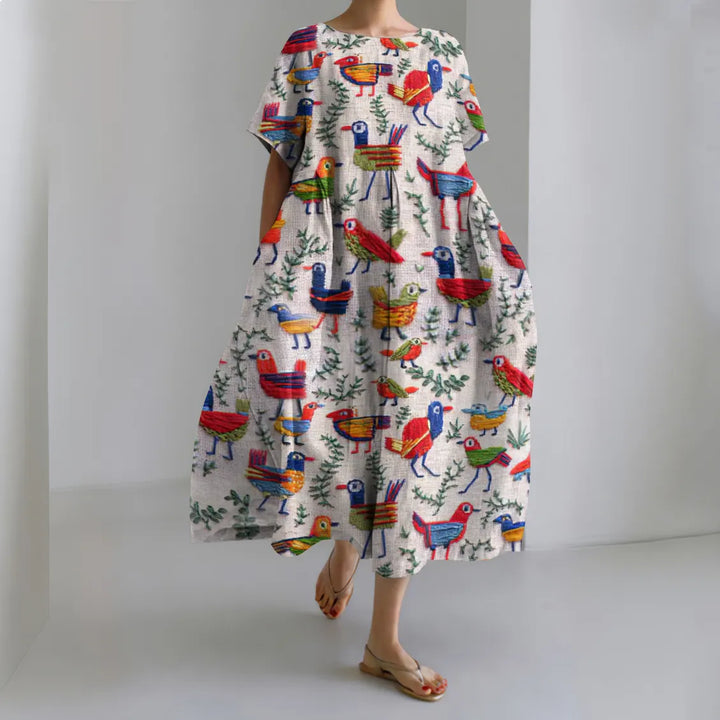 Funny Farm Forest Boho Bird Embroidery Art Pattern Linen Blend Dress
