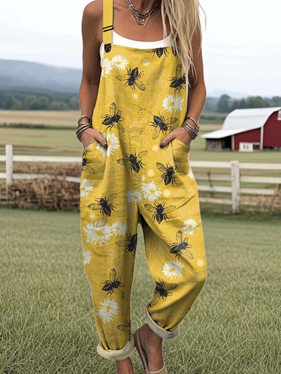 Women's Lovely Floral Bees Art Print Casual Cotton Wide Leg Jumpsuit