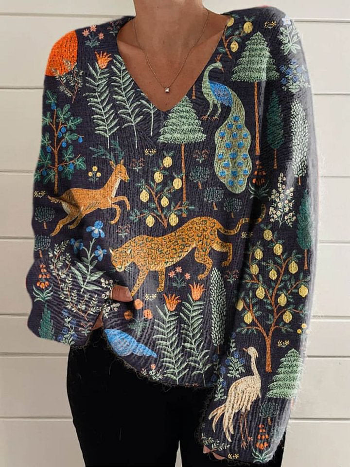 Women's Lovely Animals Floral Art Print Casual V-neck Knit Pullover