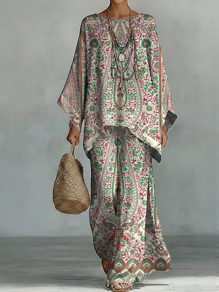 Women's Vintage Ethnic Floral Art Comfortable Loose Cotton Linen Wide-leg Pants Two-piece Set