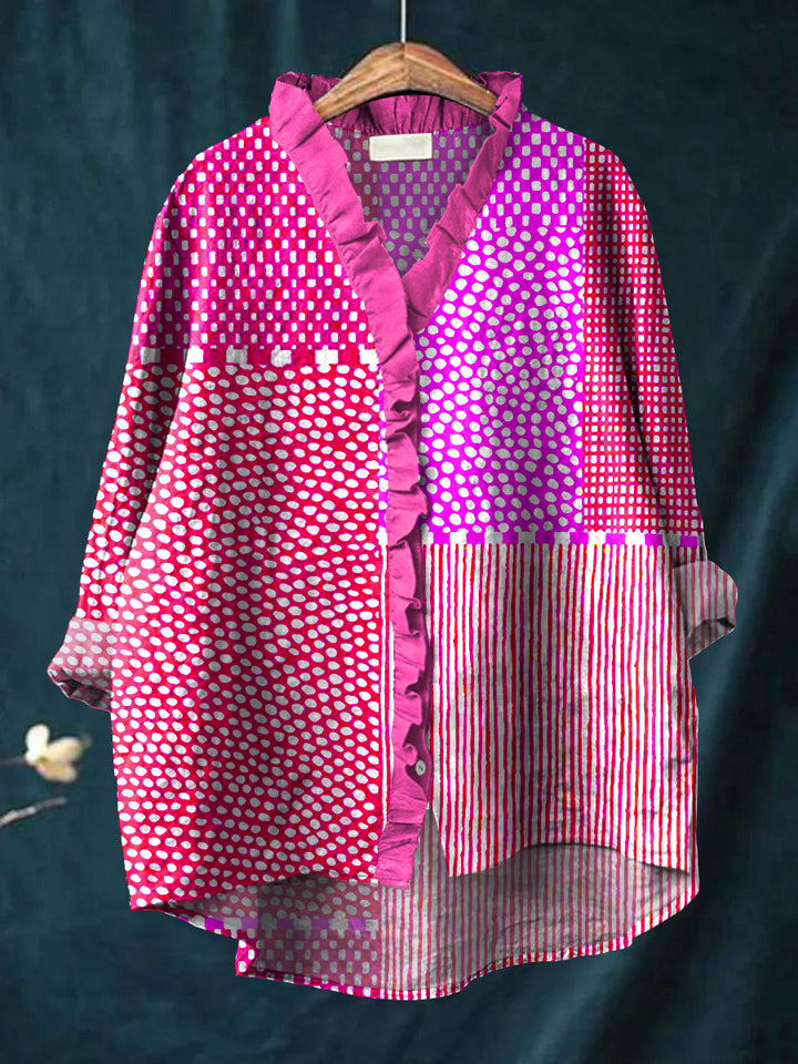 Women's Bright Abstract Polka Dot Art Print Casual Cotton And Linen Ruffle Shirt
