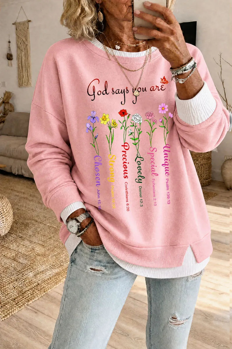 Women's God Says Pattern Fake Two Piece Layered Sweatshirt