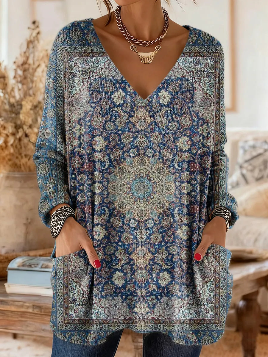 Women's Bohemian Ethnic Totem Floral Art Print V-neck Casual Long-sleeve Sweater