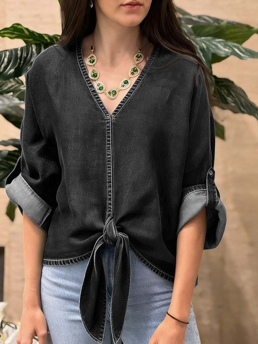 Women's V-neck Long-sleeved Tie-waist Loose-fitting Denim Top