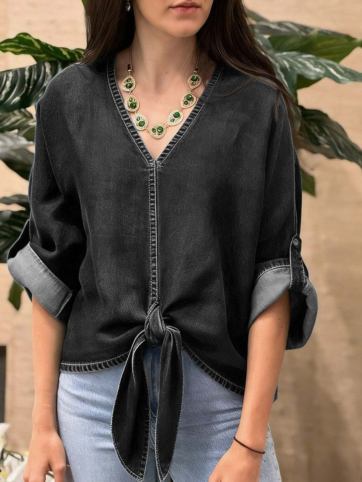 Women's V-neck Long-sleeved Tie-waist Loose-fitting Denim Top