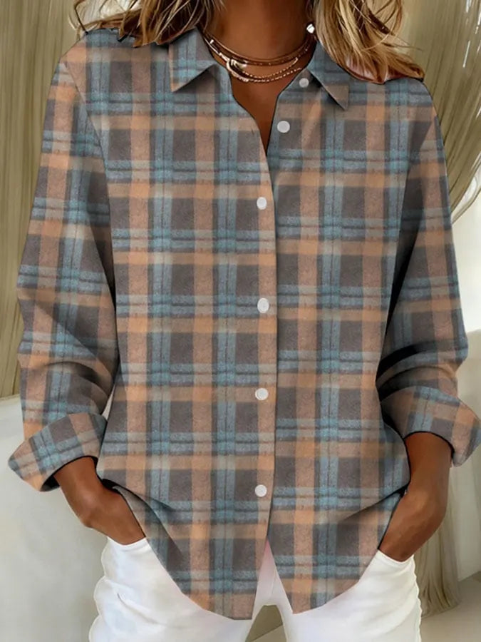 Women's Plaid Print Casual Lapel Shirt
