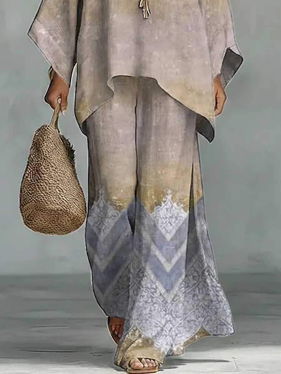 Women's Vintage Art Comfortable Loose Cotton Linen Wide-leg Pants Two-piece Set