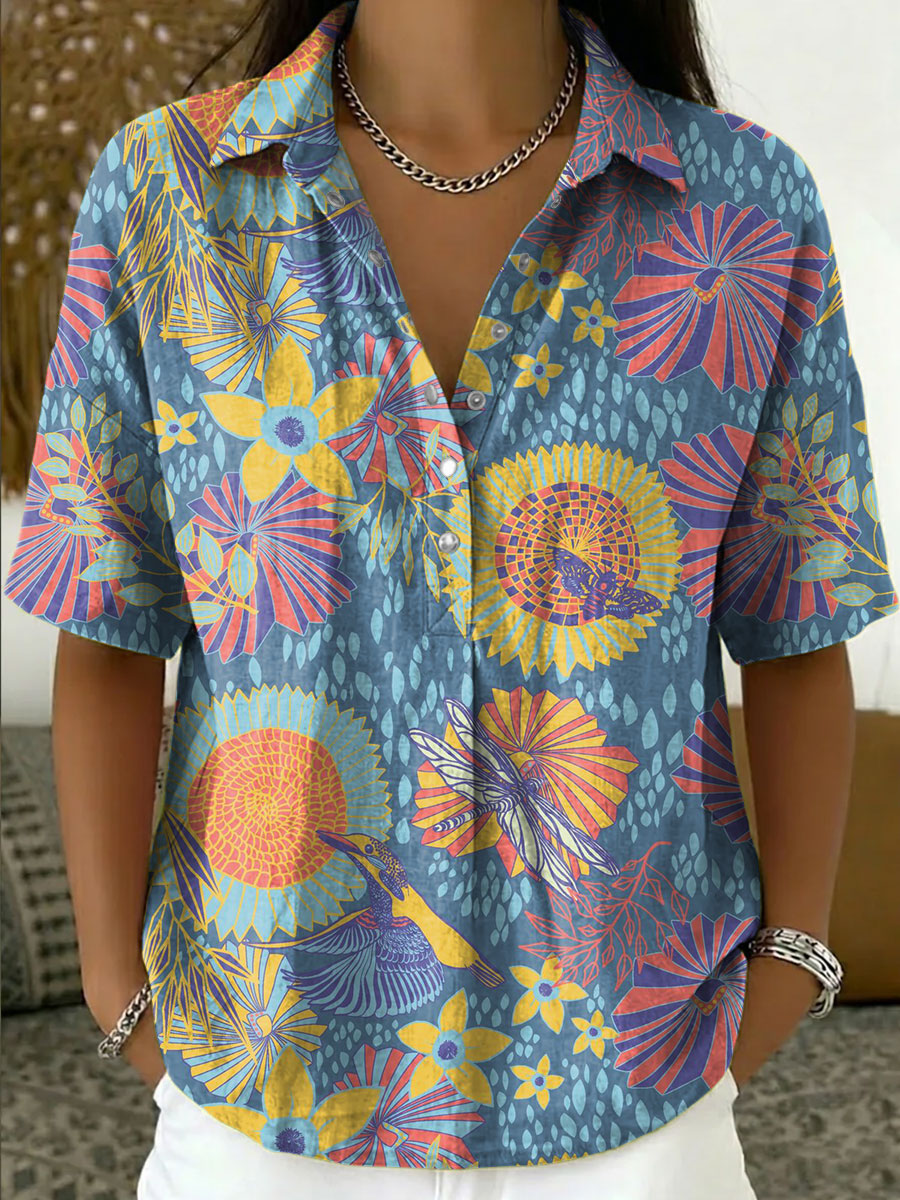 Women's Vintage Botanical Floral Casual Polo Collar Short-sleeved Linen And Cotton Shirt