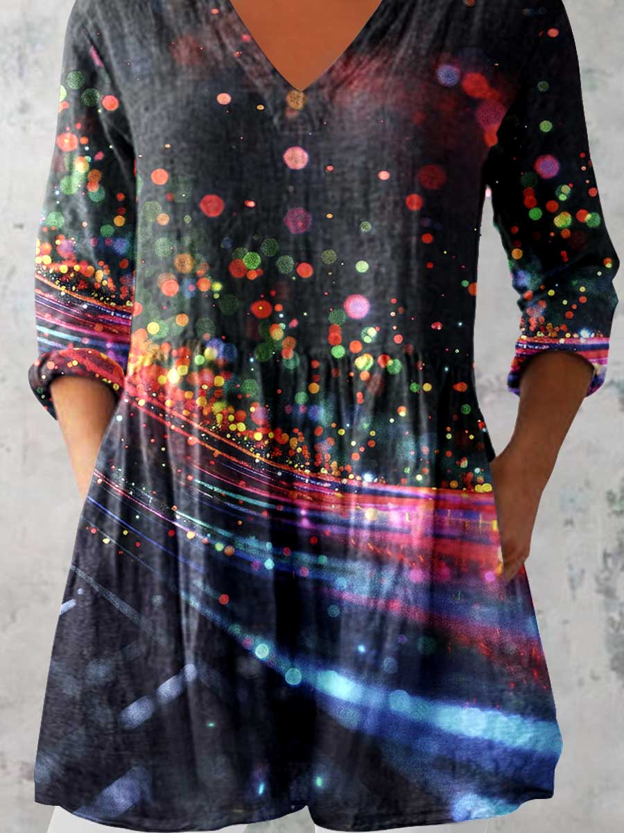 Women's Art Color Dot Print V-Neck  Top