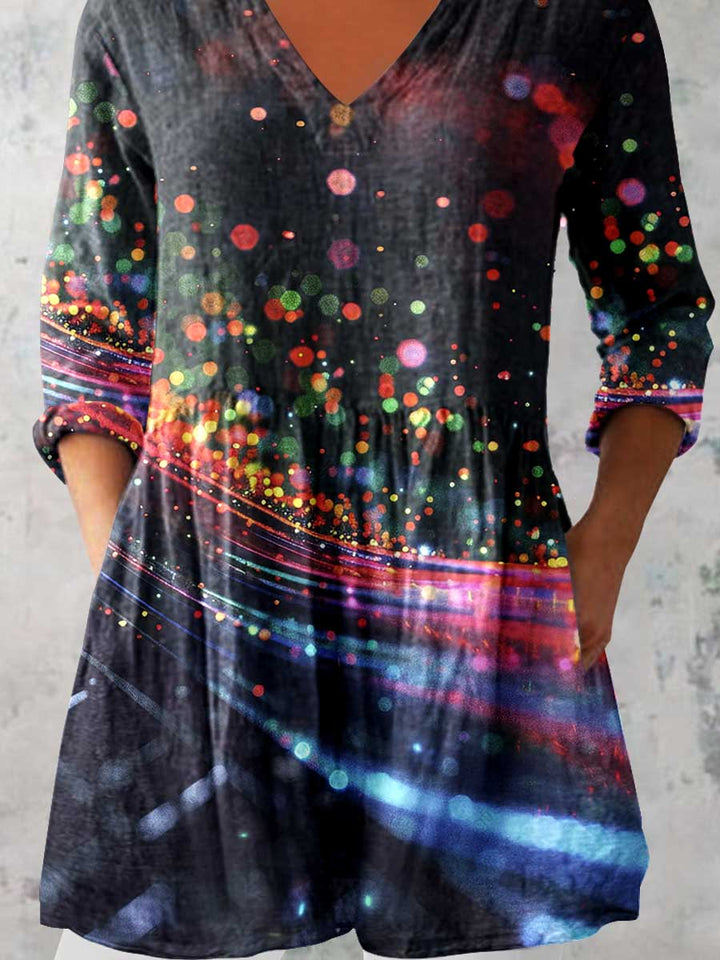Women's Art Color Dot Print V-Neck  Top