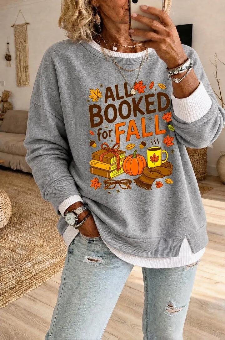 Women's All Booked For Fall Pattern Fake Two Piece Layered Sweatshirt