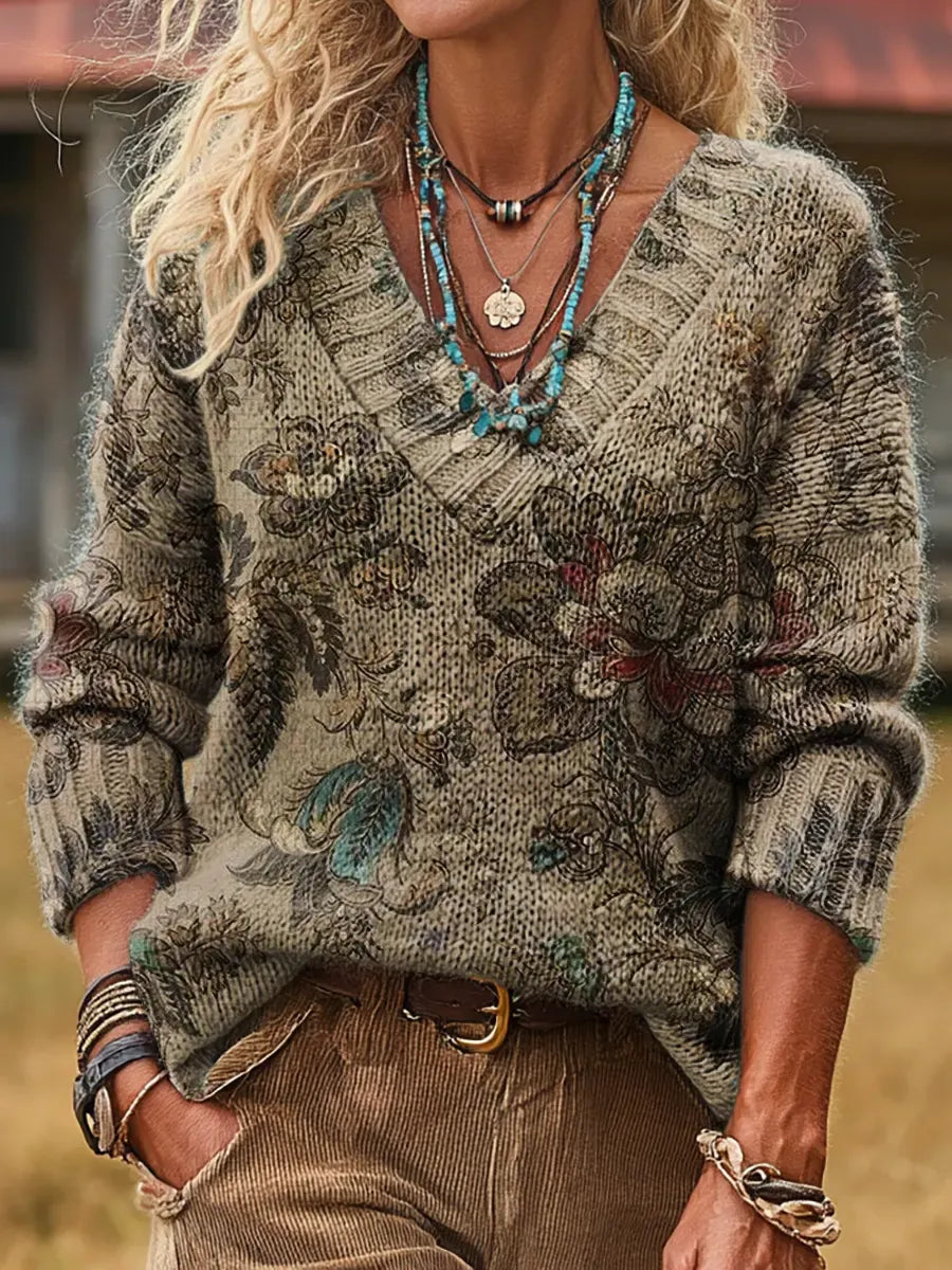 Women's Vintage Floral Pattern Art Print V-Neck Sweater