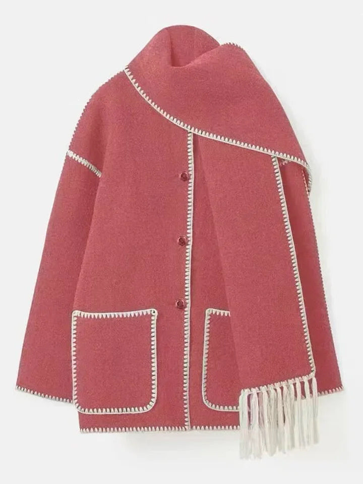 Women's Thickened Loose Woolen Coat with Scarf and Tassels