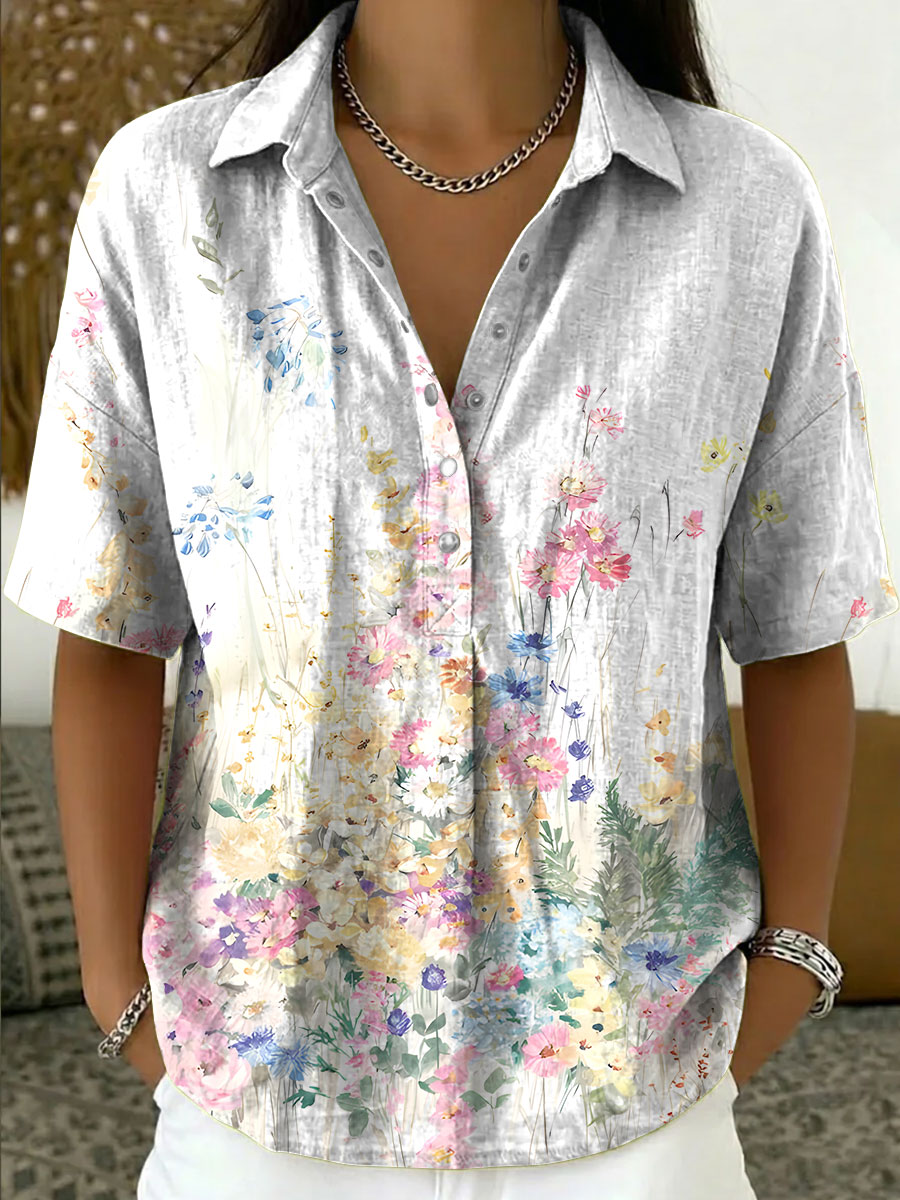 Women's Vintage Botanical Floral Casual Polo Collar Short-sleeved Linen And Cotton Shirt