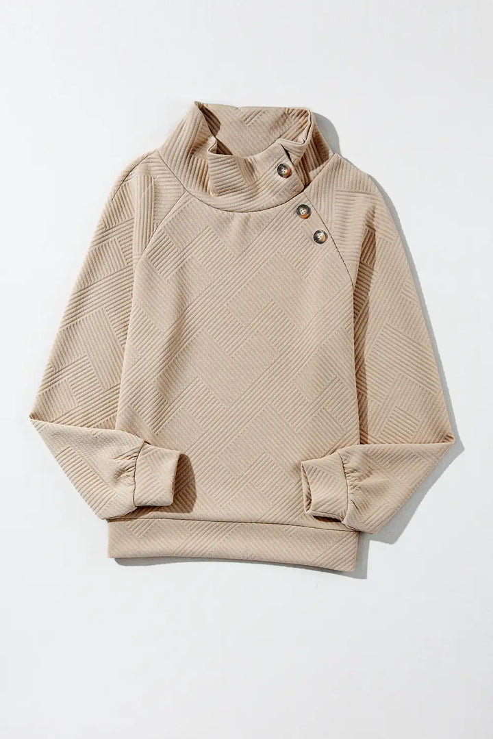 Apricot Asymmetric Buttons Textured High Neck Sweatshirt