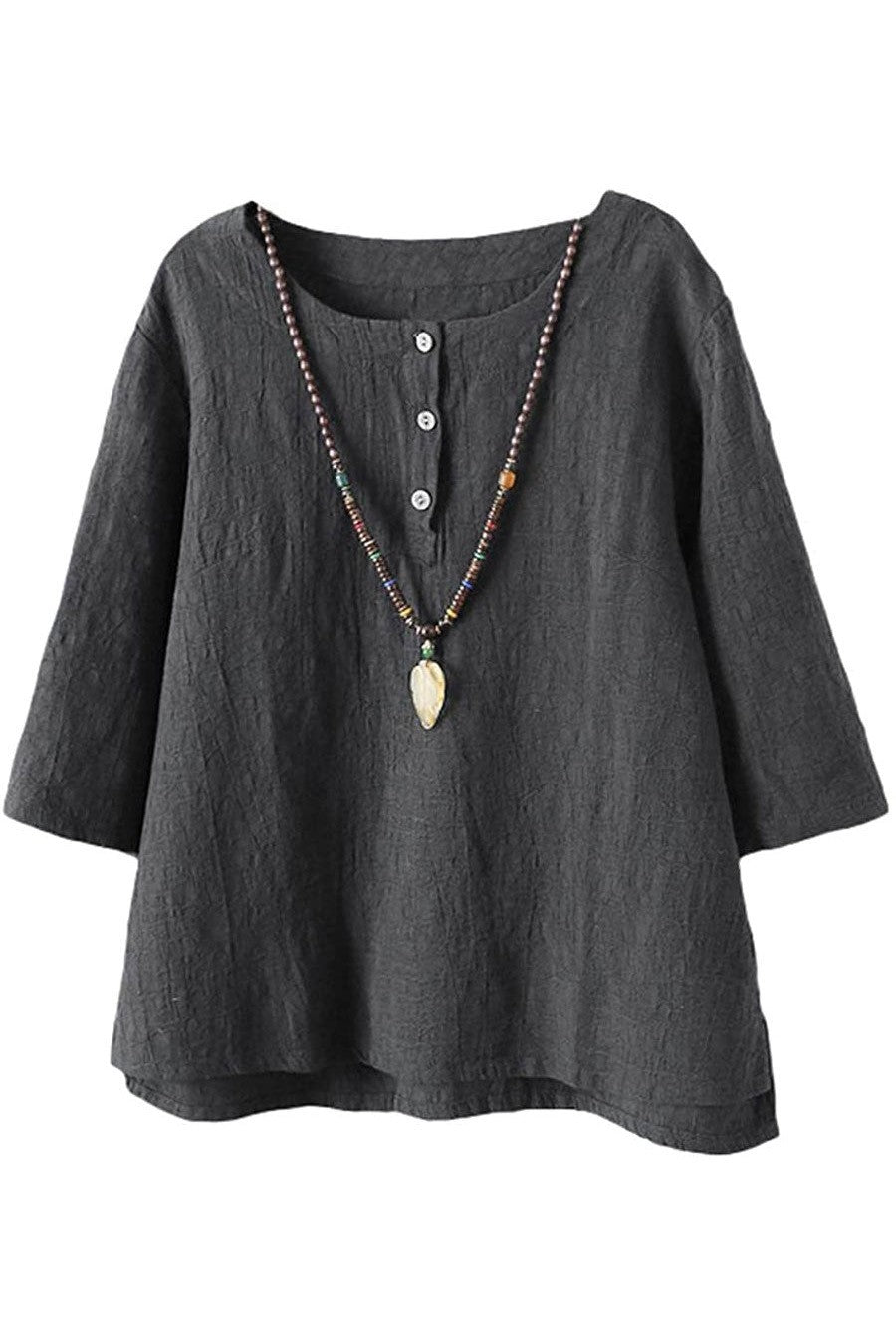 Solid Color Buttons Round Neck 3/4 Sleeves Shirts