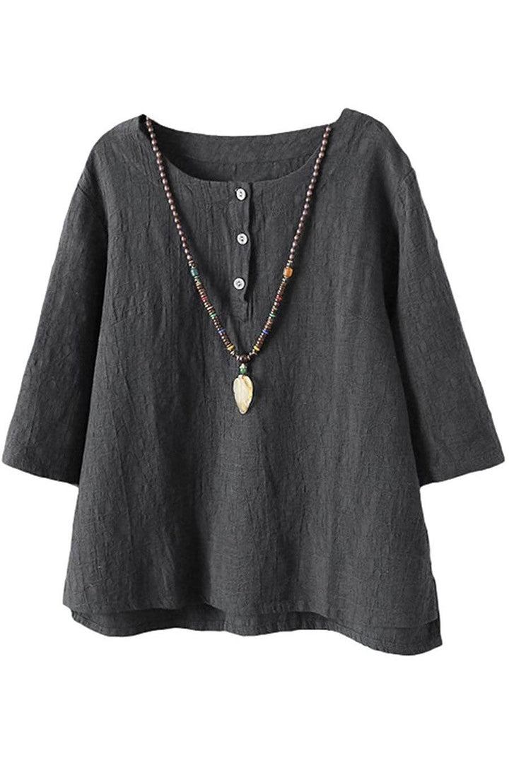 Solid Color Buttons Round Neck 3/4 Sleeves Shirts