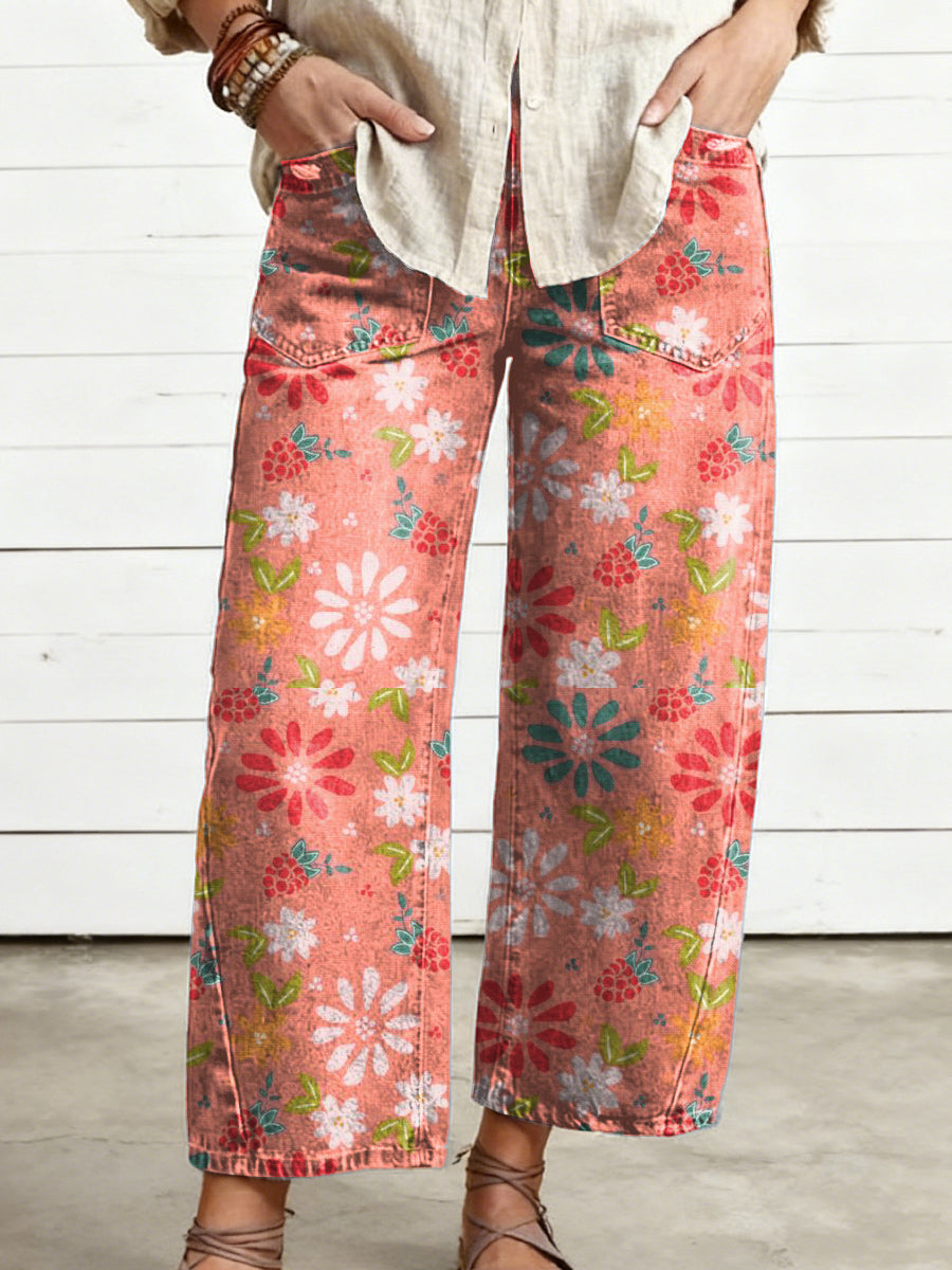Women's Vintage Flower Art Print Casual  Trousers With Pockets