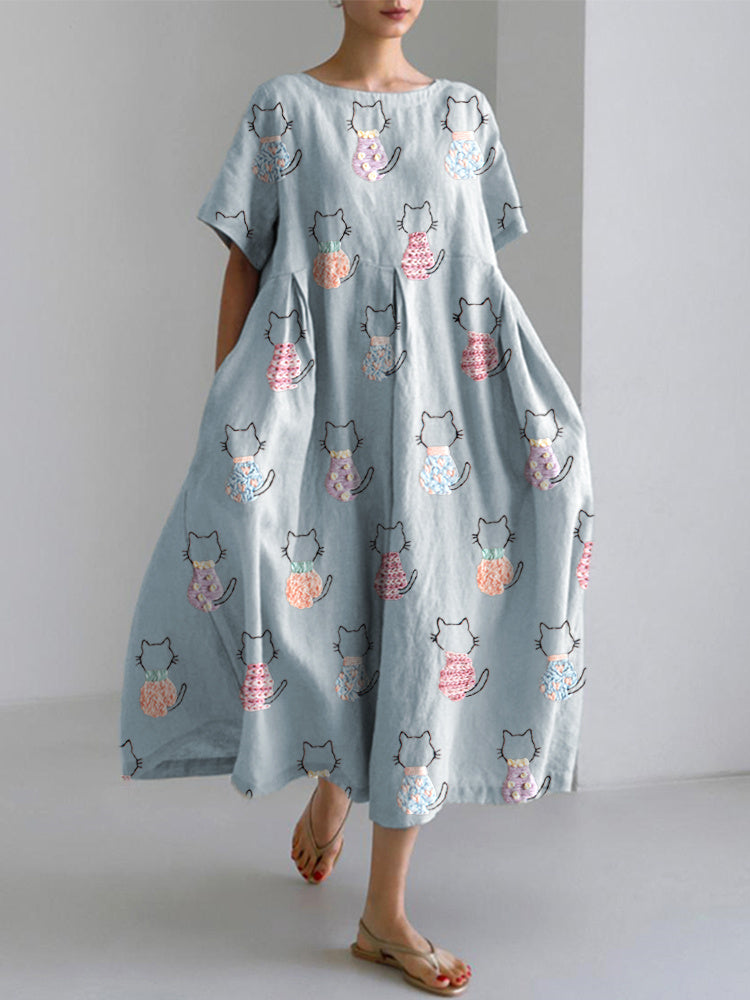 Cute Cat Embroidery Pattern Linen Blend Dress