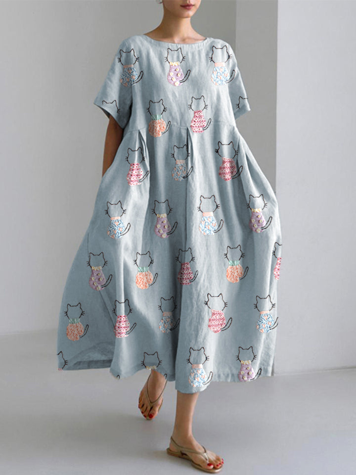 Cute Cat Embroidery Pattern Linen Blend Dress