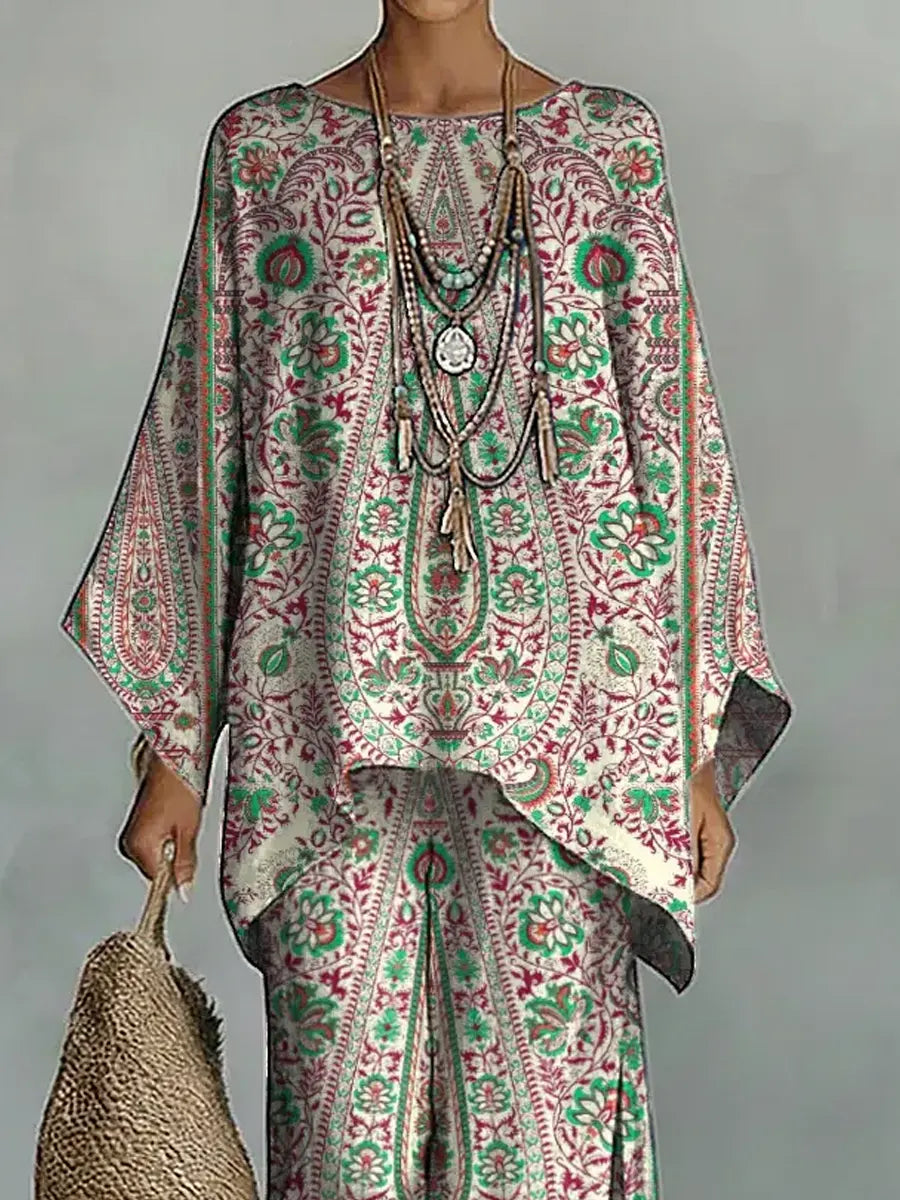 Women's Vintage Ethnic Floral Art Comfortable Loose Cotton Linen Wide-leg Pants Two-piece Set