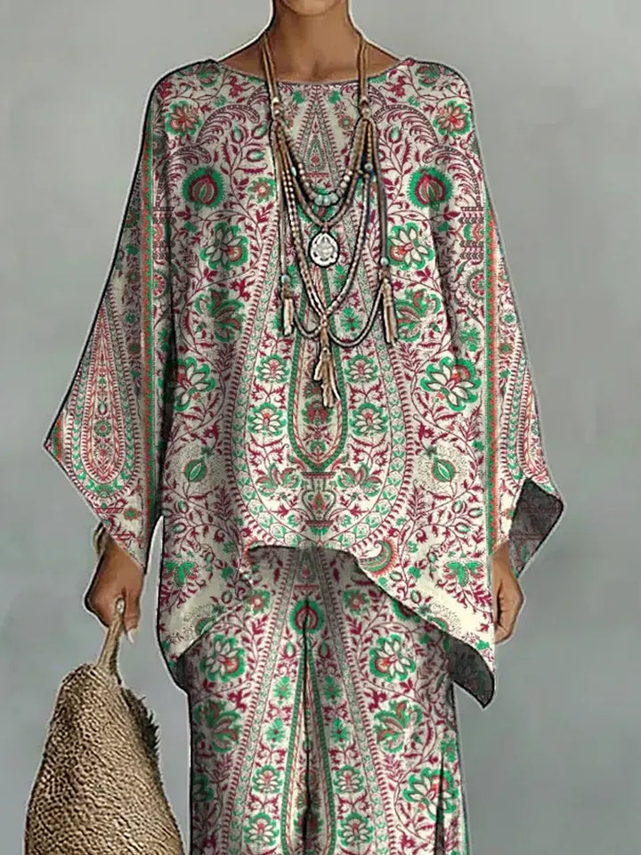 Women's Vintage Ethnic Floral Art Comfortable Loose Cotton Linen Wide-leg Pants Two-piece Set