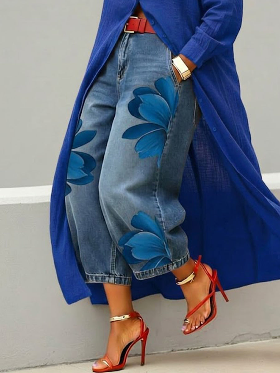 Vintage Artistic Print Relaxed Denim Jeans