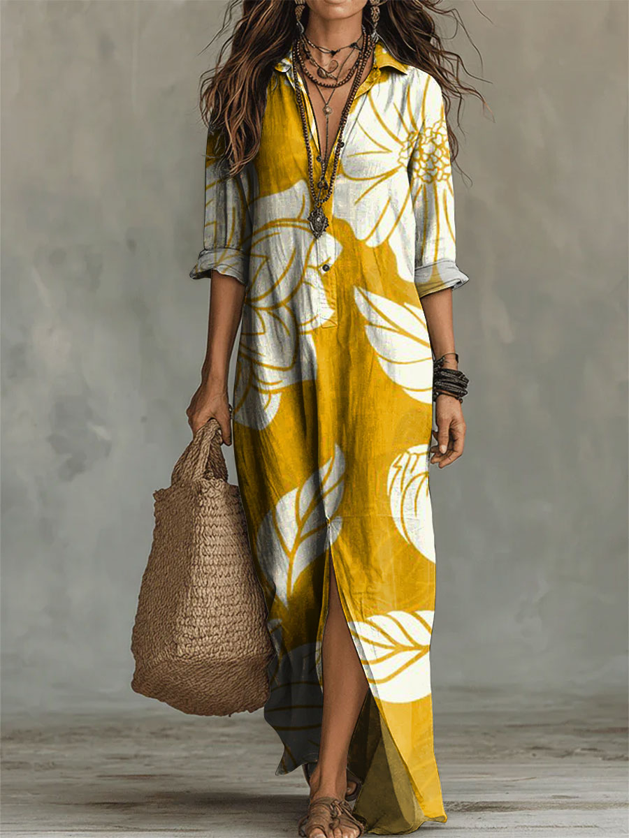 Women's Flower Print Casual Solid-color Linen-cotton Dress