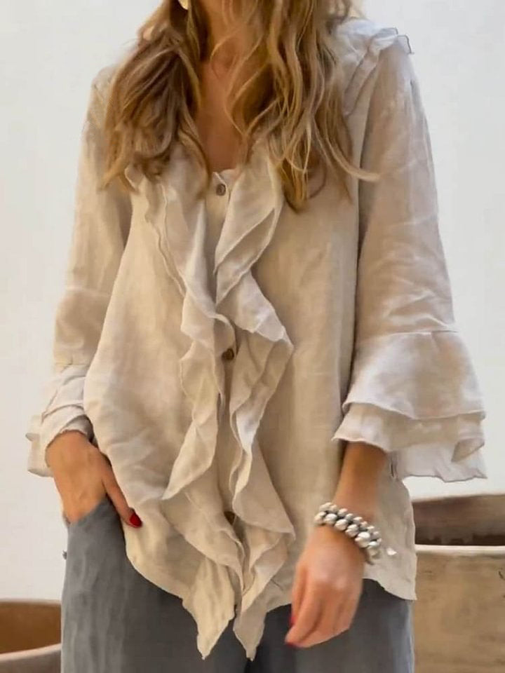 Women's Ruffles Casual Cotton And Linen 3/4 Sleeves Shirt