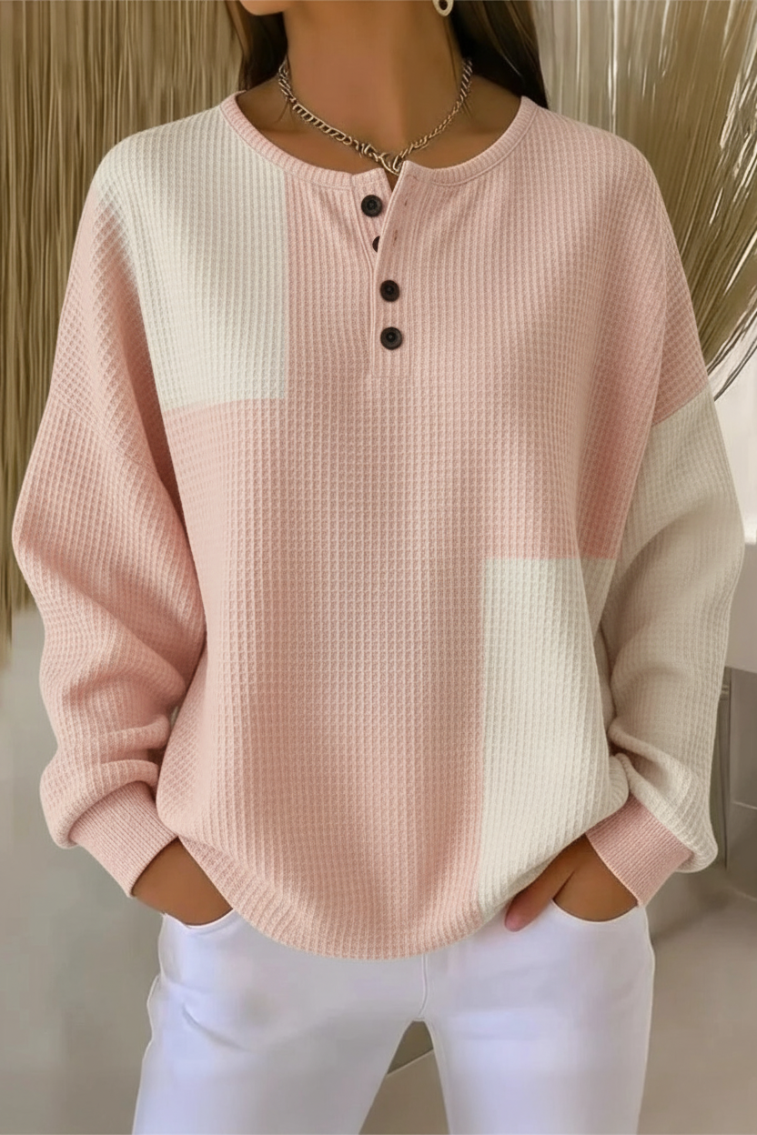 Women's Pink Colorblock Waffle Knit Button Henley Pullover