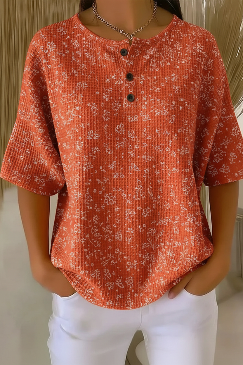 Women's Rust Orange Ditsy Floral Print Waffle Knit Henley Short Sleeve Top