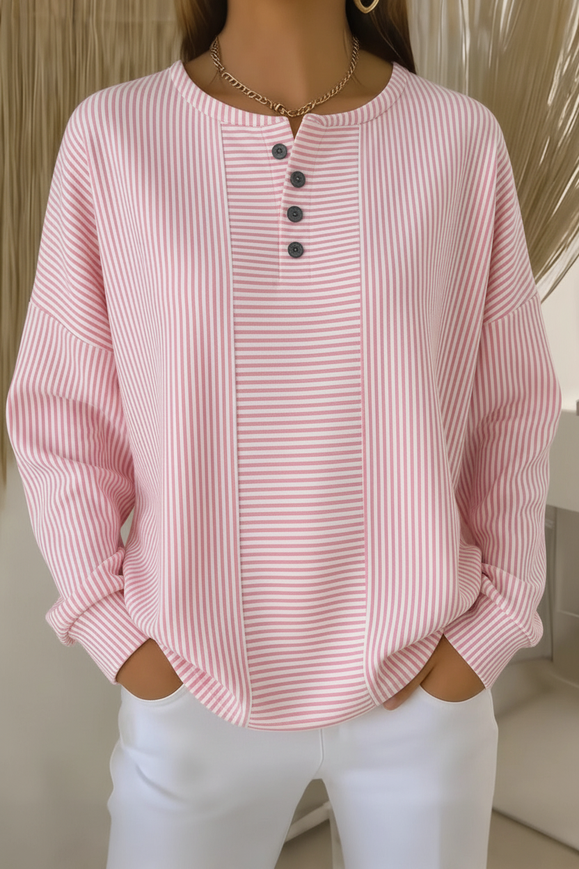 Women's Pink Striped Waffle Knit Henley Long Sleeve Top