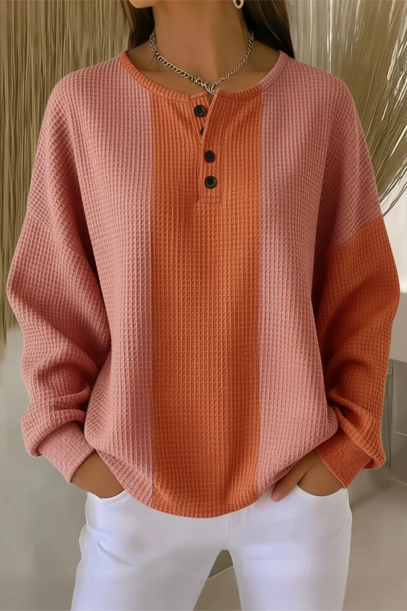 Women's Pink Orange Colorblock Waffle Knit Henley Long Sleeve Top