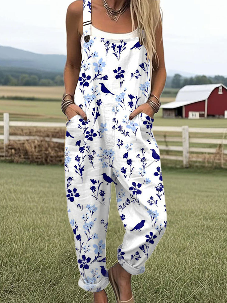 Women's  Funny Flower Chick Art Print Casual  Cotton Linen  Wide Leg Jumpsuit