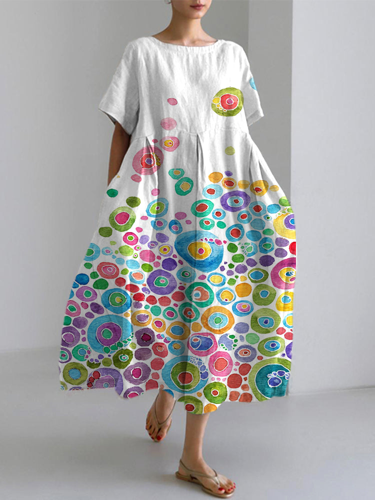 Colorful Circles Abstract Art Print Linen Blend Dress