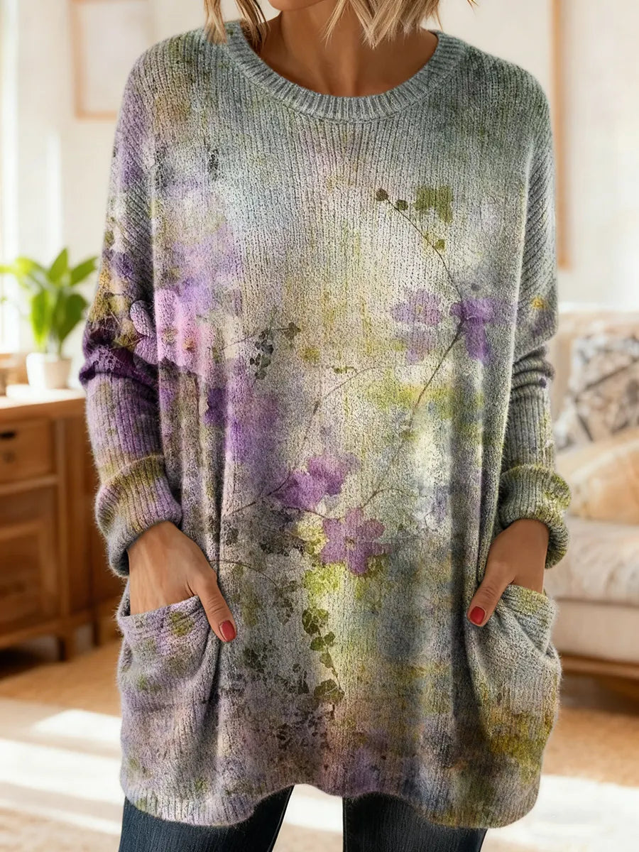 Women's Ink-wash Floral Art Print Crew Neck Casual Long-sleeved Sweater