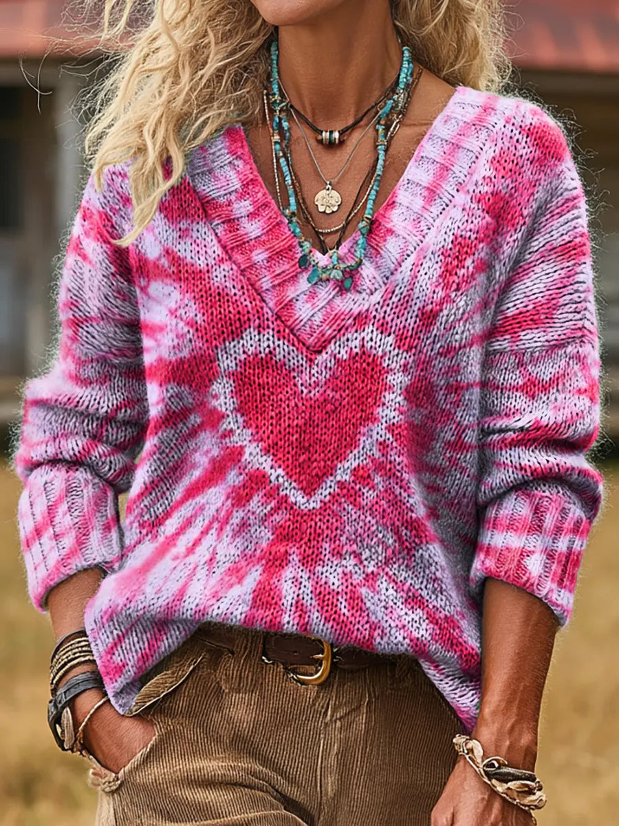 Bohemian Retro Tie-Dye Heart Art Print Casual Long-Sleeve V-Neck Knit Sweater