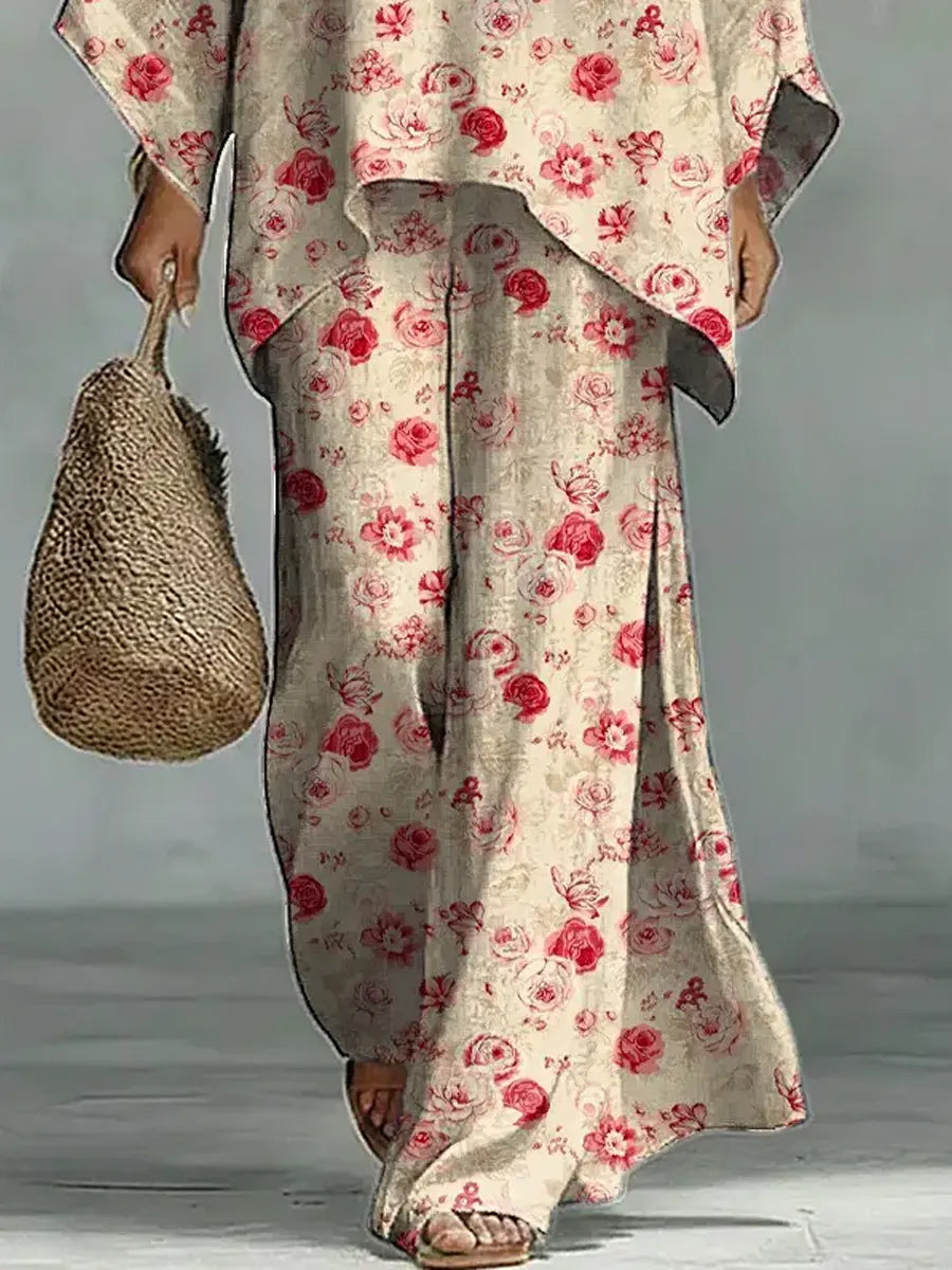 Women's Vintage Floral Art Comfortable Loose Cotton Linen Wide-leg Pants Two-piece Set