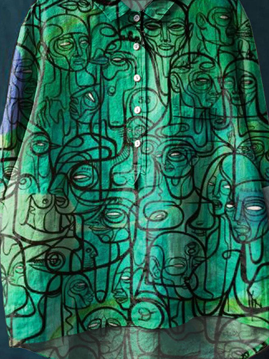 Vintage Abstract Figure Illustration Art Print Casual Cotton And Linen Shirt