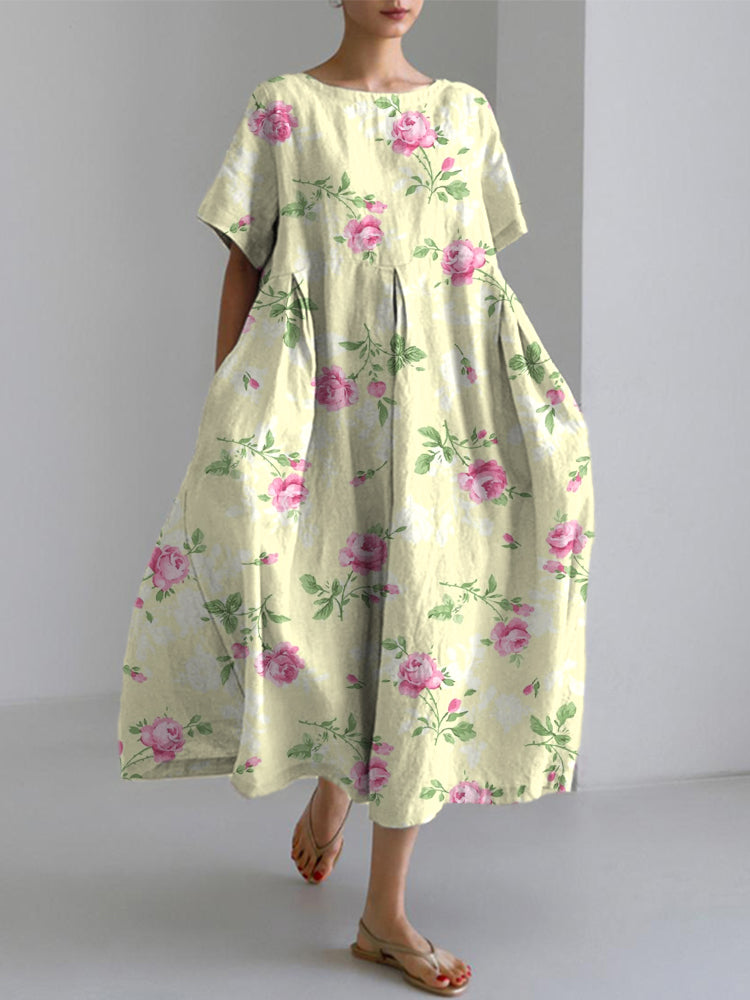Vintage Rose Pattern Linen Blend Dress