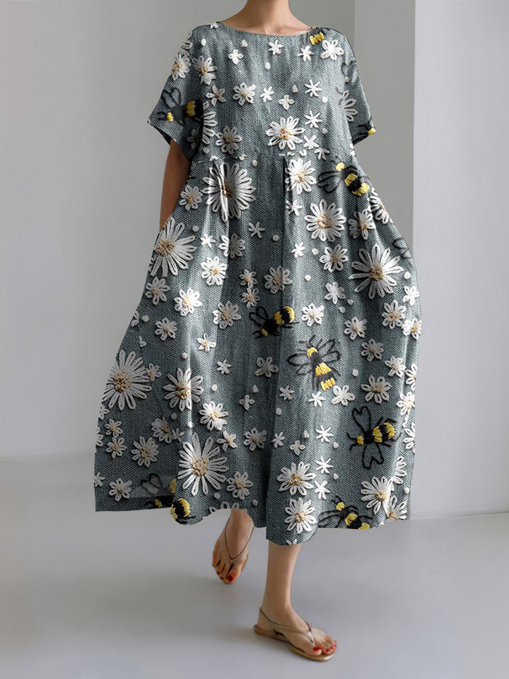 Daisy Bee Print Round Neck Short Sleeve Midi Dress